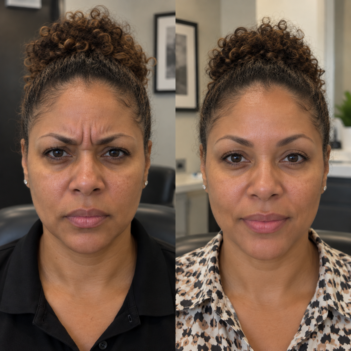 Botox brow lift before and after in Grapevine TX showing softer frown lines and refreshed brows
