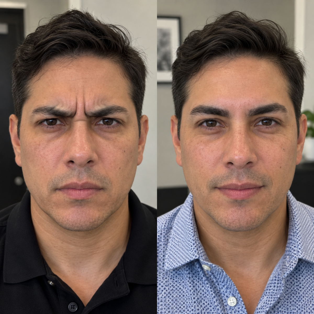 Male Botox Brow Lift Grapevine TX before and after showing relaxed forehead and brow area