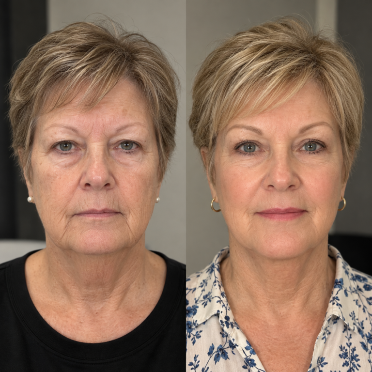 Botox brow lift before and after for mature woman showing subtle upper-face rejuvenation