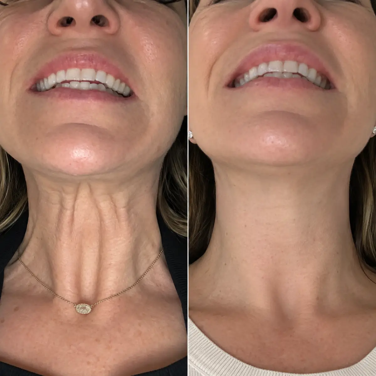 Nefertiti Lift before and after showing improvement in visible neck bands and neck contour