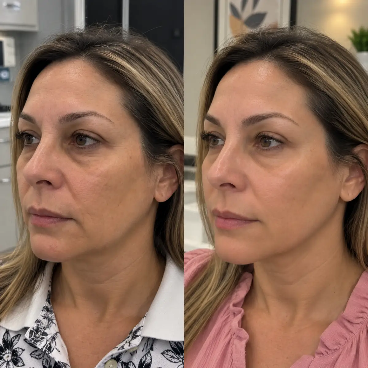 Nefertiti Lift before and after showing improved lower face and neck contour in Grapevine TX