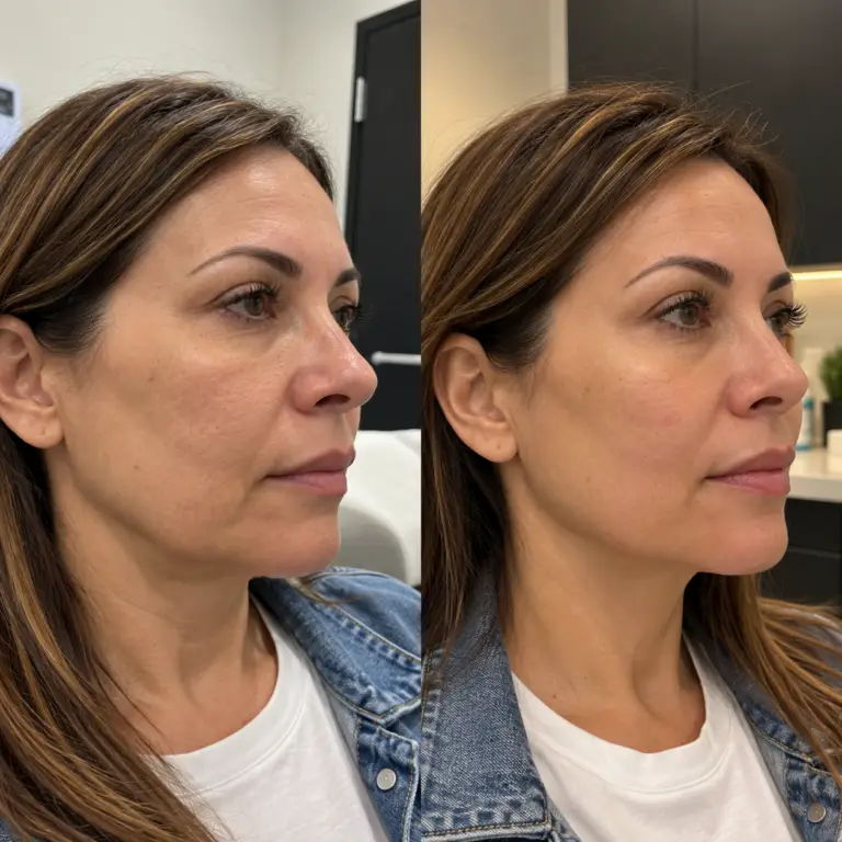 Laser Skin Tightening Grapevine TX before and after showing improved facial firmness and jawline definition in a woman