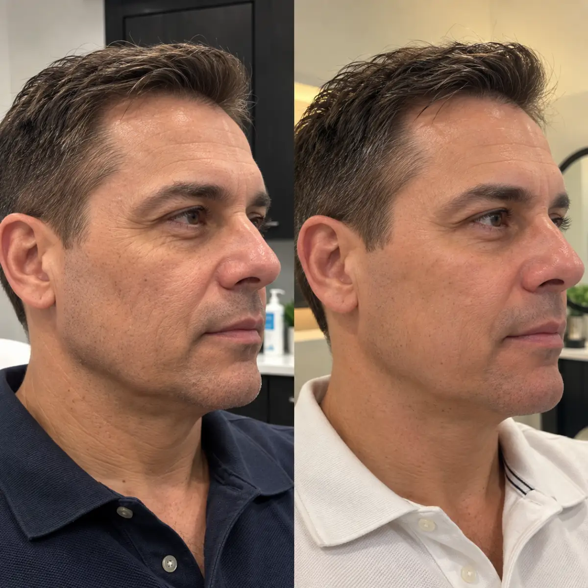 Laser Skin Tightening Grapevine TX before and after showing improved facial firmness and jawline definition in a man