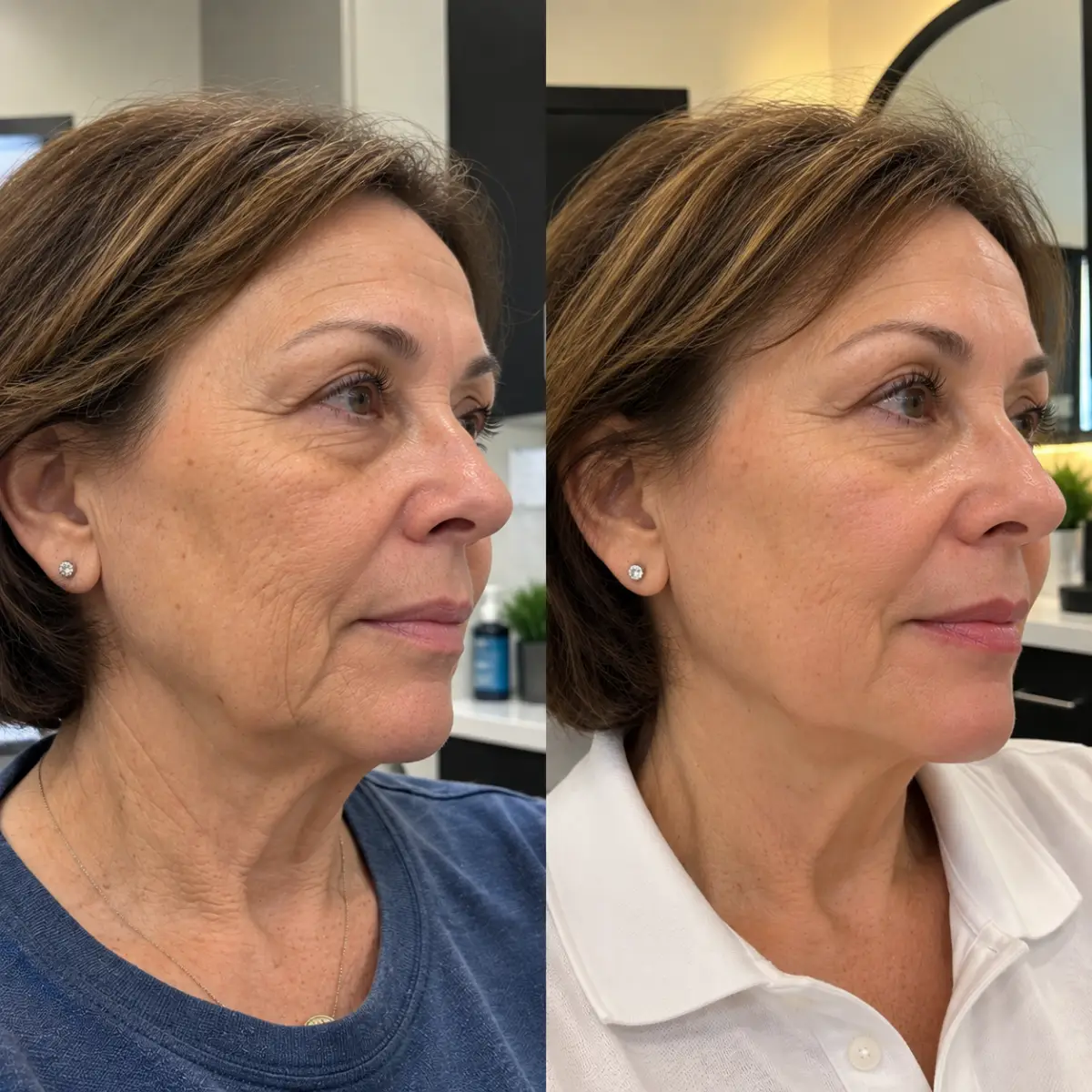 Laser Skin Tightening Grapevine TX before and after showing improvement in facial and neck skin laxity in a mature woman