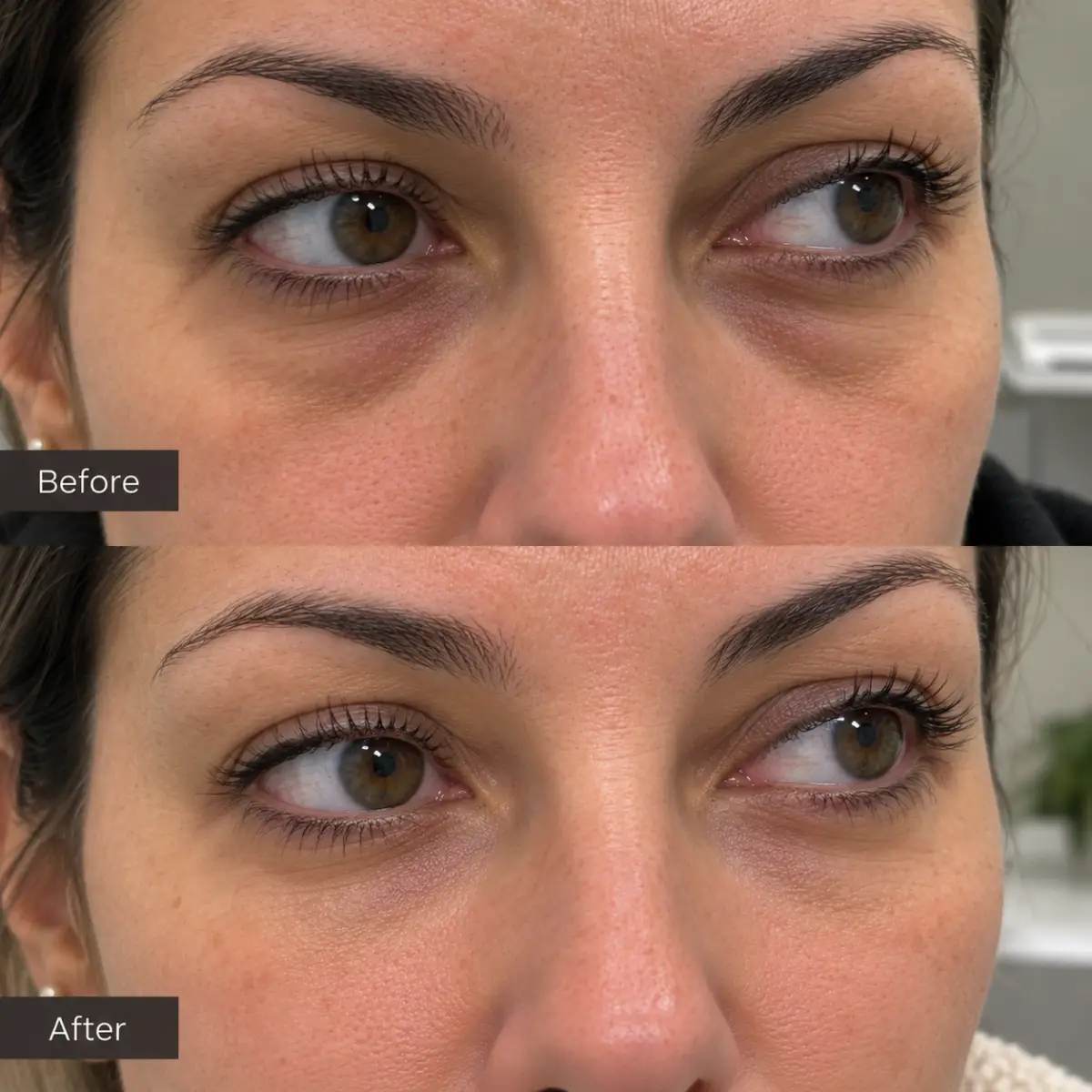 PRP under-eye treatment before and after in Grapevine TX demonstrating smoother under-eye skin and reduced crepey texture after four months