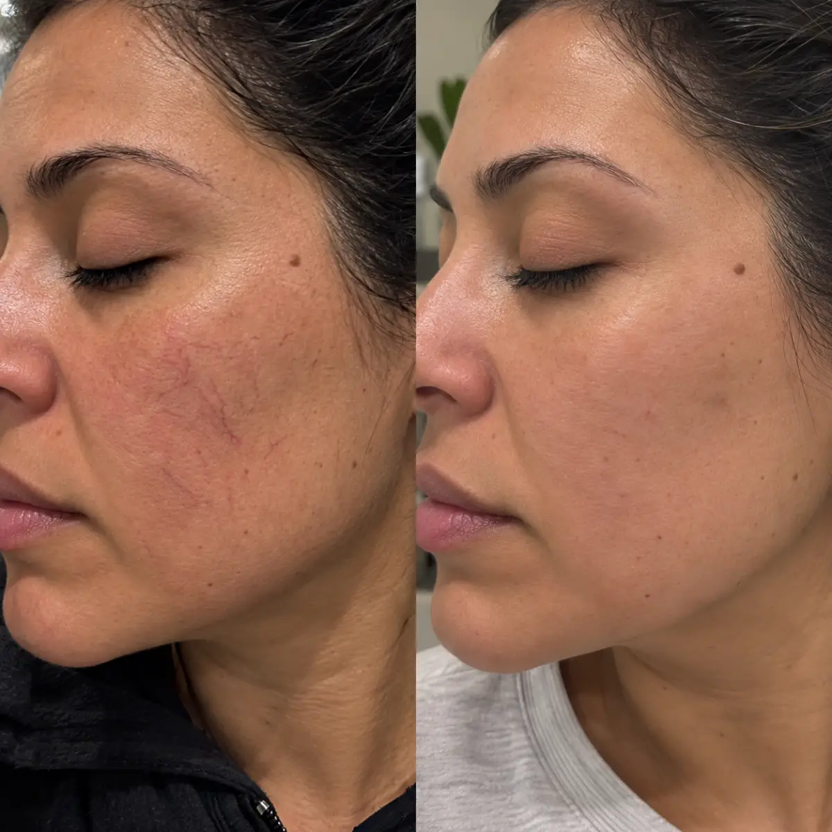 Before and after facial spider vein treatment on the cheek, demonstrating reduced visible capillaries and a more even skin tone from a side profile.