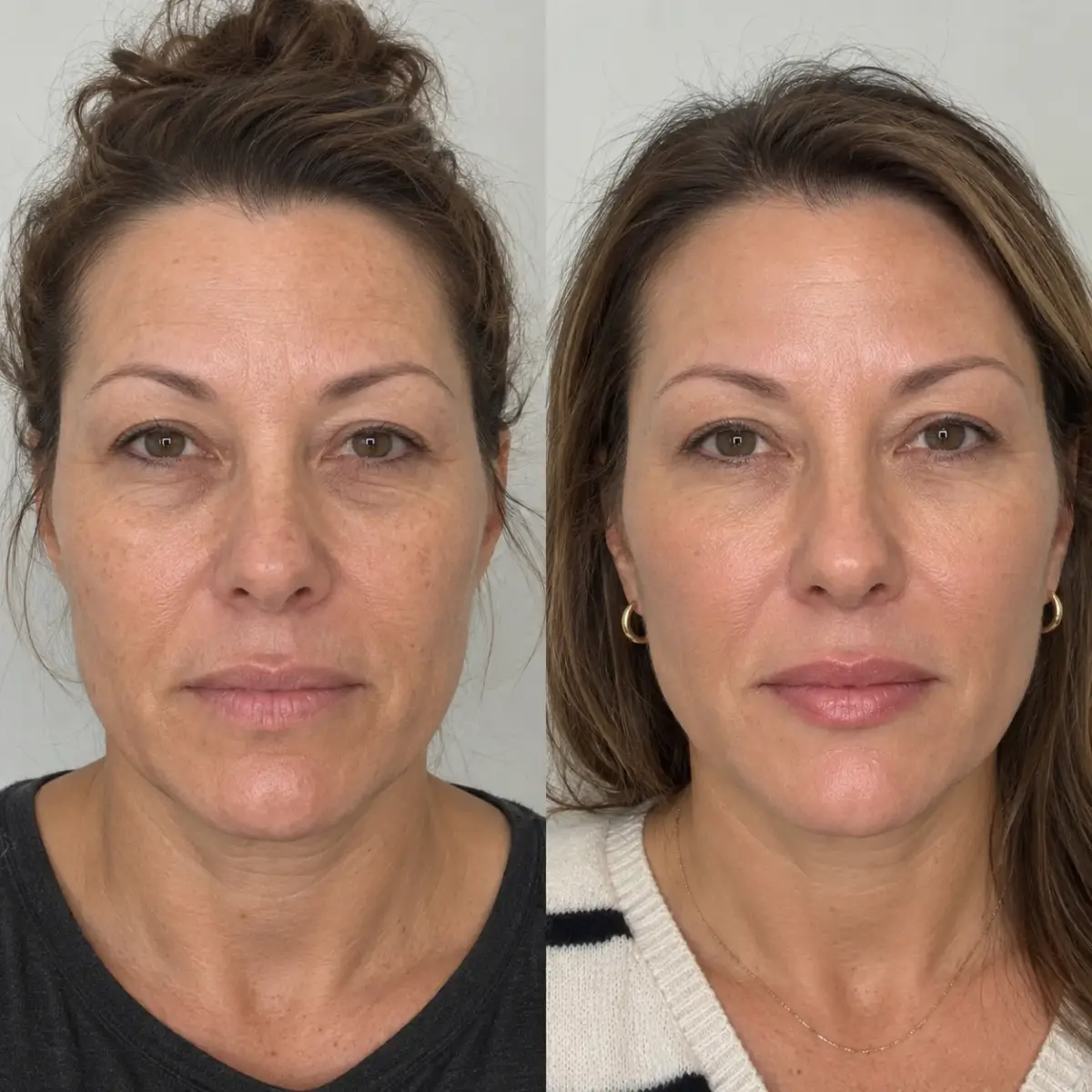 Before and after Sculptra treatment showing gradual facial rejuvenation with improved skin texture, restored facial volume, and smoother appearance.