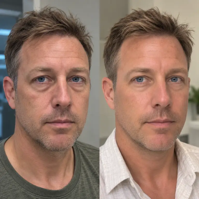 Male Vampire Facial before and after in Grapevine TX showing smoother skin, reduced wrinkles, and healthier skin appearance after 5 months