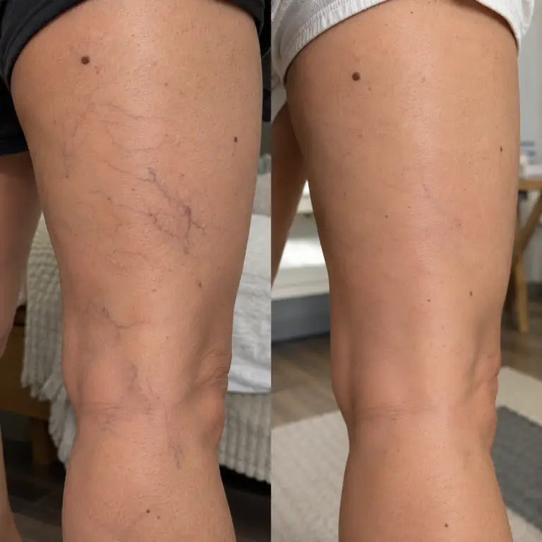 Before and after spider vein removal on the leg, demonstrating fading of superficial veins while maintaining natural skin tone and texture.