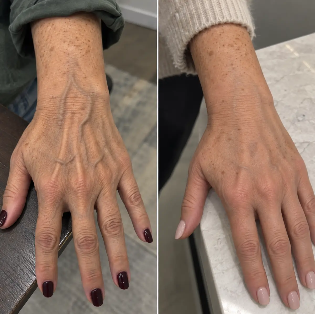 Before and after Sculptra hand rejuvenation showing improved hand volume, smoother skin texture, and less prominent veins with natural-looking results.