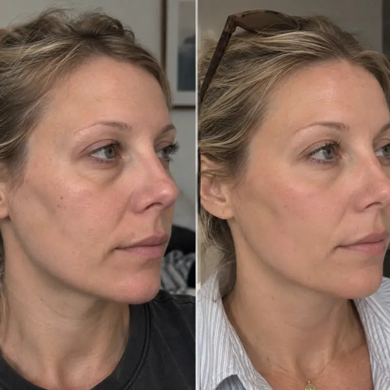 Before and after Sculptra under-eye treatment showing reduced hollow appearance, smoother skin texture, and natural facial rejuvenation.